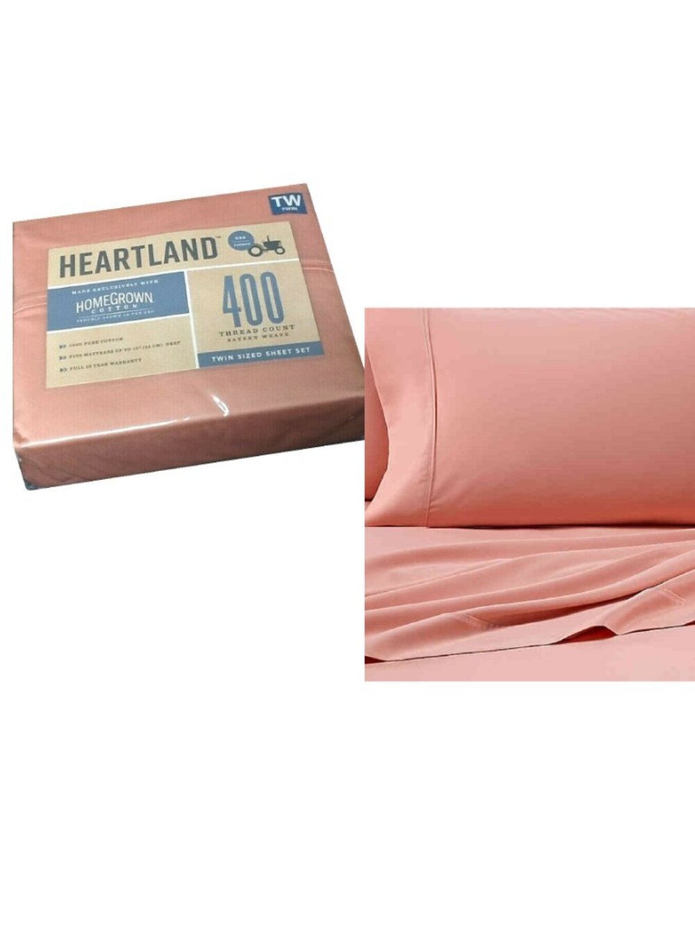 new 3-piece PEACH Heartland 400 TC 100% Cotton Sateen-Weave TWIN Sheet Set